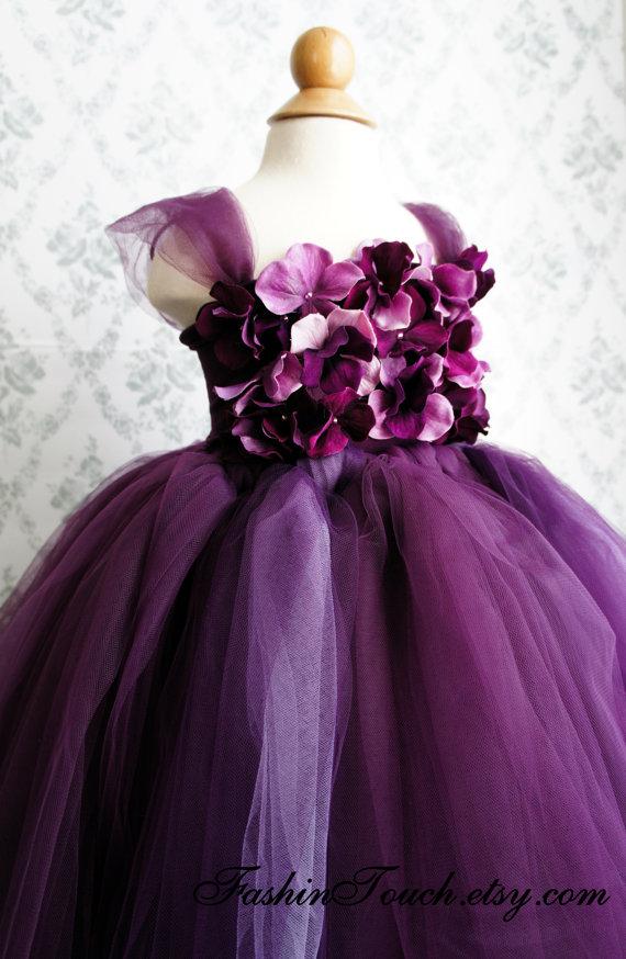 Hochzeit - Flower girl dress Deep Purple and Lavender tutu dress, flower top, hydrangea top, toddler tutu dress