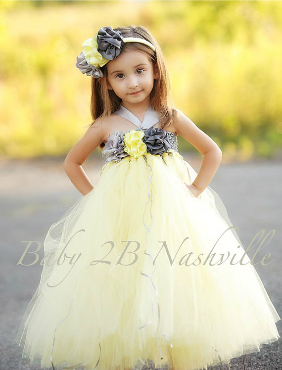 زفاف - Vintage Wedding Flower Girl Dress   Flower Girl Dress in Yellow and Gunmetal All Sizes Girls