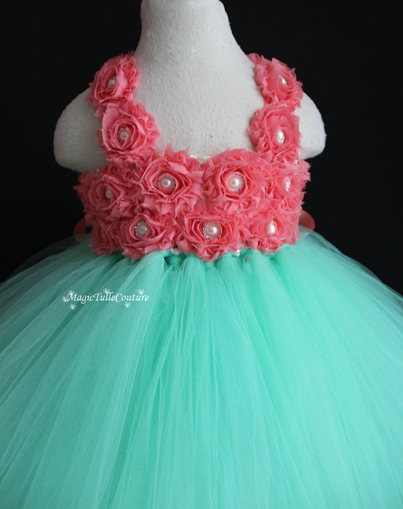 Hochzeit - Coral and Mint flower girl tutu dress wedding gown toddler dress 1t2t3t4t5t6t7t8t9t10t