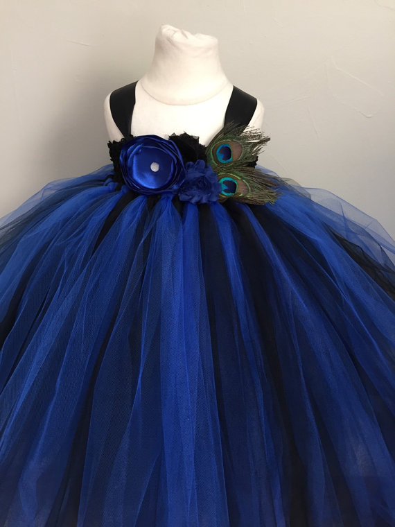 Mariage - Black and blue girls peacock dress, girls peacock tulle dress, peacock flower girl dress, peacock wedding