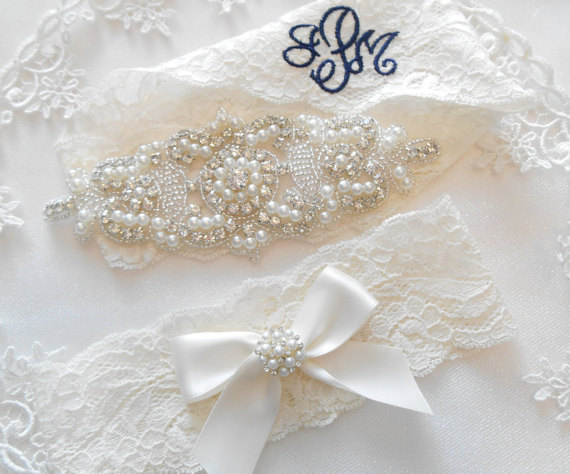 Свадьба - Wedding Garter Set MONOGRAM OPTION Lingerie Lace Classic Pearls and Rhinestone Setting Bridal Garter Set