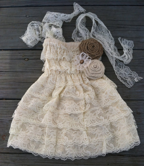 Hochzeit - Rustic Lace Flower Girl Dress - Rustic Flower Girl Dress- Flower Girl-Country Wedding-Lace Flower Girl Dress-Junior Bridesmaid Dress-Burlap