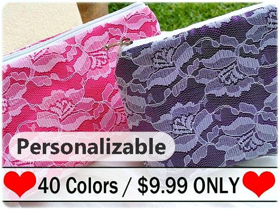 Wedding - Pretty Lace Bridesmaid Gift, lace bridesmaid clutch, lace clutch-  zipper purse Rose/ Daisy Lace gift - bridesmaid gifts - Pick your Color