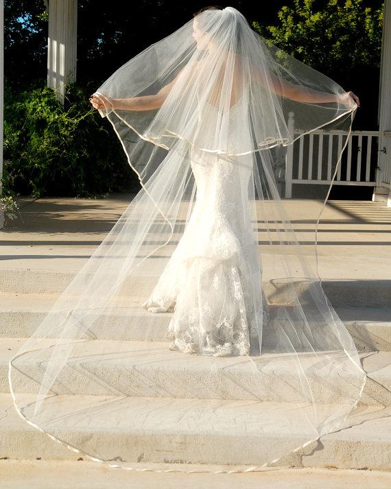 زفاف - Full Cathedral Wedding Veil - Bridal Veil - Drop Style with Satin Edge and Blusher Layer - Memphis
