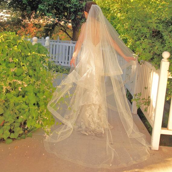Wedding - Cathedral Wedding Veil - Drop Veil  With Sheer Organza Ribbon Edge - Simple Wedding Veil - Champagne Veil- Naples