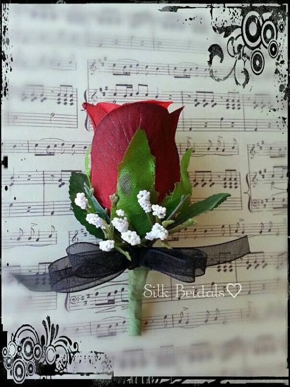 زفاف - RESERVED for jenneypachero Red & Black Bouquet and boutonniere rose bridal silk wedding flowers 22pc package