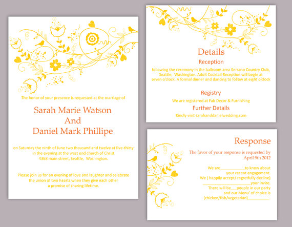 Свадьба - DIY Wedding Invitation Template Set Editable Word File Download Printable Yellow Invitation Floral Wedding Invitation Bird Invitation