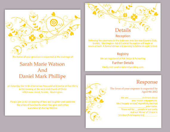 Hochzeit - DIY Wedding Invitation Template Set Editable Word File Download Printable Yellow Invitation Floral Wedding Invitation Bird Invitation