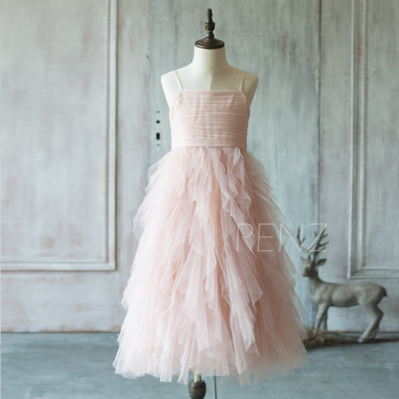 Hochzeit - 2015 Blush Pink Junior Bridesmaid Dress, Spaghetti Strap Ruffle Flower Girl Dress, Puffy dress (JK012)