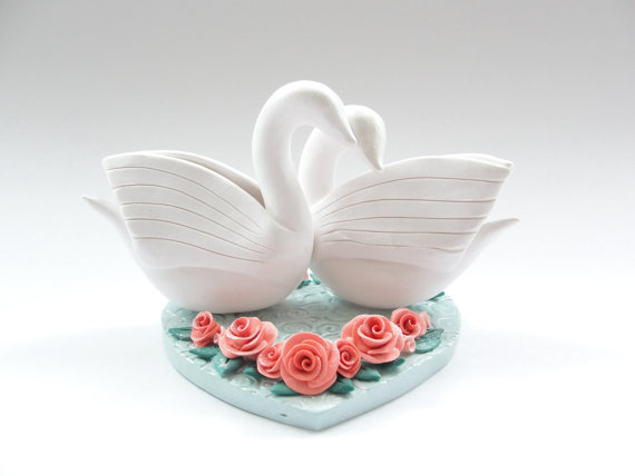 Mariage - Coral and teal swan wedding cake topper handmade from polymer clay