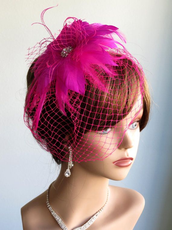 Wedding - Hot Pink Wedding Head Piece Fascinator Wedding AccessoryFeathers Brooch Vail Bridal Accessory