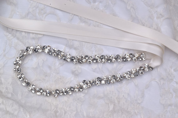 زفاف - Thin Crystal Rhinestone Belt-  Clear and Gray Rhinestones- Silver Setting - Bridesmaids Belt - Bridal Sash - EYM B001