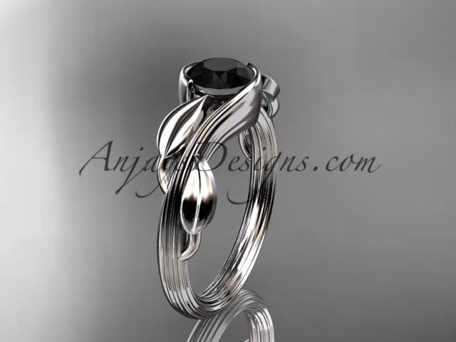 زفاف - Platinum leaf and vine wedding ring, engagement ring with a Black Diamond center stone ADLR273