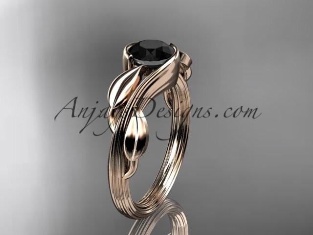Wedding - 14kt rose gold leaf and vine wedding ring, engagement ring with a Black Diamond center stone ADLR273