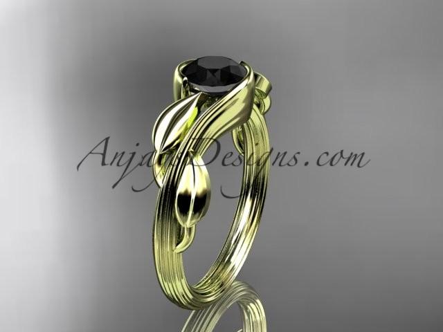 زفاف - 14kt yellow gold leaf and vine wedding ring, engagement ring with a Black Diamond center stone ADLR273