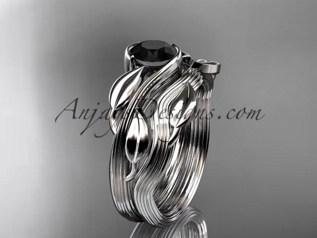 زفاف - platinum leaf and vine wedding ring, engagement set with a Black Diamond center stone ADLR273S