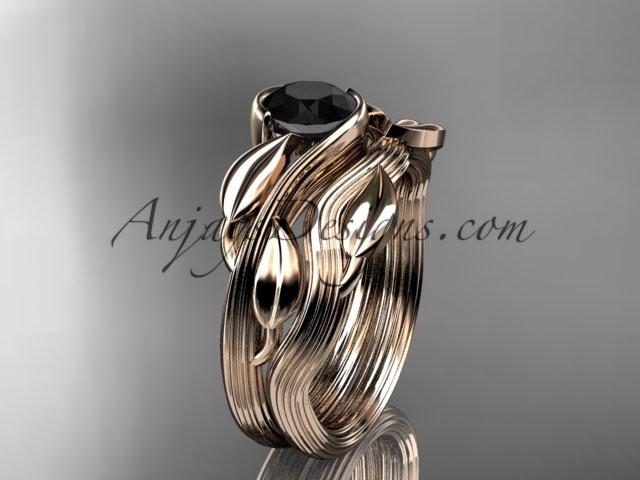 Свадьба - 14kt rose gold leaf and vine wedding ring, engagement set with a Black Diamond center stone ADLR273S