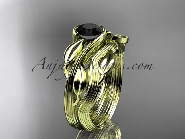 زفاف - 14kt yellow gold leaf and vine wedding ring, engagement set with a Black Diamond center stone ADLR273S