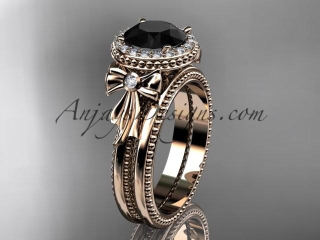 زفاف - 14kt rose gold diamond unique engagement set, wedding ring with a Black Diamond center stone ADER157S