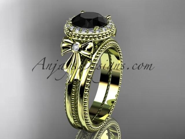Hochzeit - 14kt yellow gold diamond unique engagement set, wedding ring with a Black Diamond center stone ADER157S