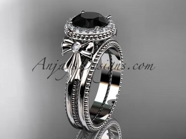 Wedding - platinum diamond unique engagement set, wedding ring with a Black Diamond center stone ADER157S