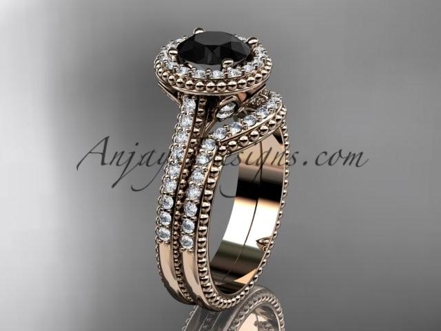 Wedding - 14kt rose gold diamond floral wedding set, engagement ring with a Black Diamond center stone ADLR101S