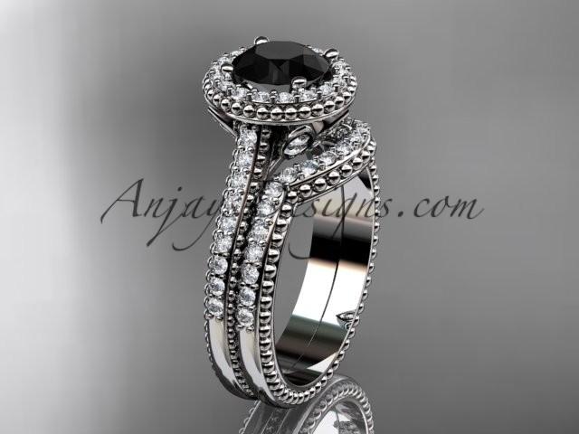 زفاف - 14kt white gold diamond floral wedding set, engagement ring with a Black Diamond center stone ADLR101S