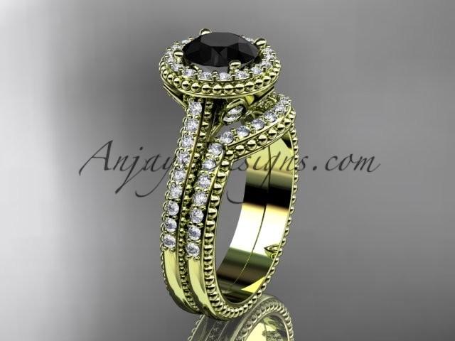 Wedding - 14kt yellow gold diamond floral wedding set, engagement ring with a Black Diamond center stone ADLR101S