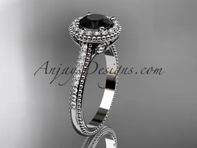 Wedding - platinum diamond floral wedding ring, engagement ring with a Black Diamond center stone ADLR101