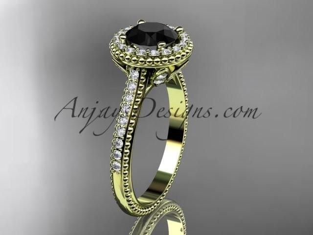 Wedding - 14kt yellow gold diamond floral wedding ring, engagement ring with a Black Diamond center stone ADLR101
