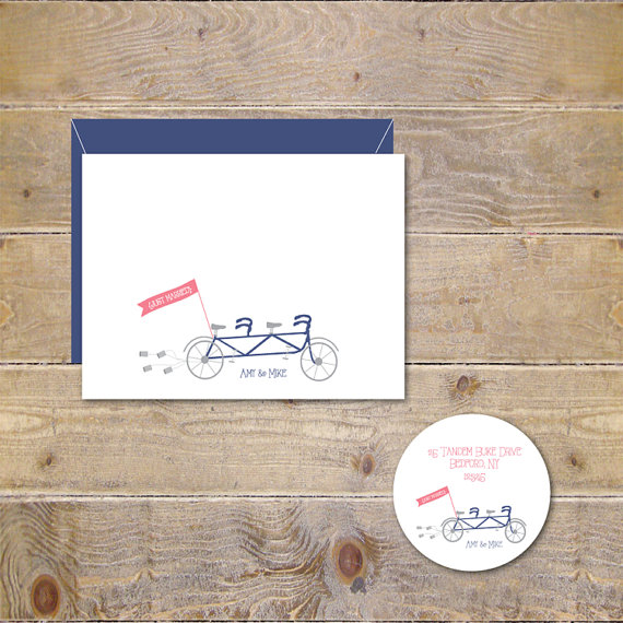 زفاف - Wedding Thank You Cards . Personalized Wedding Cards . Bicycle Wedding Cards . Tandem Bicycle . Bike - 'Just Married' Tandem Bike