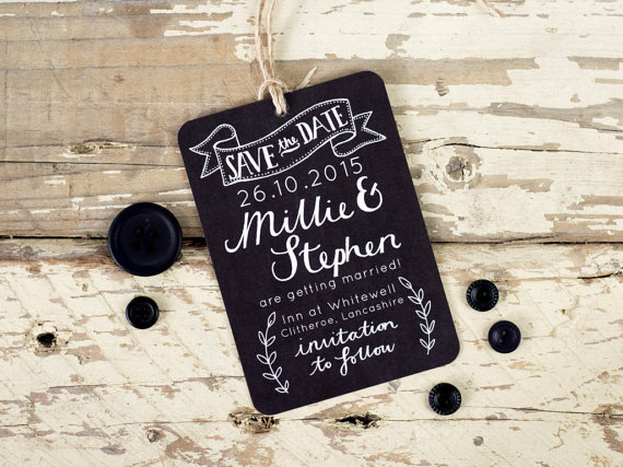 Свадьба - Chalkboard Save the Date tag, rustic wedding - hand drawn detail