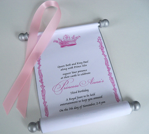 Wedding - Princess birthday invitation scroll with royal crown in pink and silver