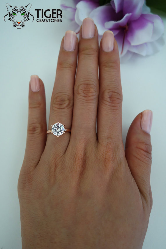 زفاف - 2 carat 6 Prong Solitaire Engagement Ring, Round Man Made Diamond Simulant, Wedding, Promise Ring, Bridal, Sterling Silver, Rose Gold Plated