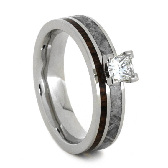 Hochzeit - Womens Princess Cut Diamond Engagement Ring, Palladium Ring With Meteorite And Honduran Rosewood Inlays