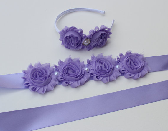 Свадьба - Lavender dress sash flower girl headband lavender plastic headband lavender wedding headband lavender dress sash matching girls headband