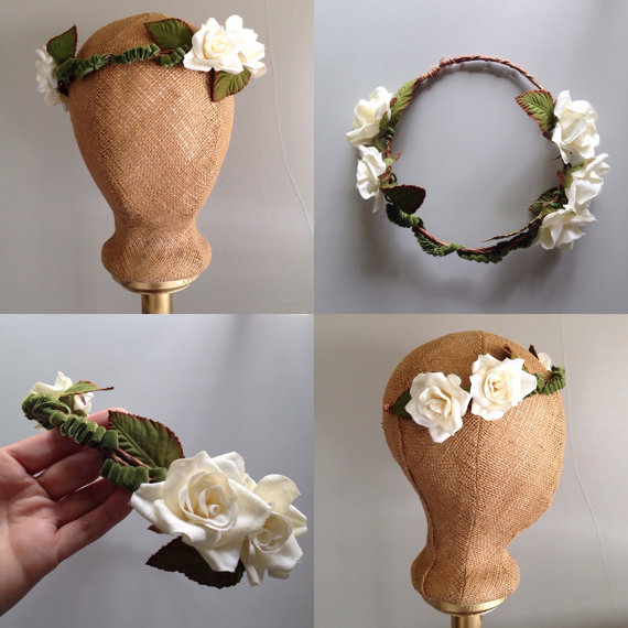 زفاف - Flower Crown, Floral Bridal Wreath, Halo Hippie Bridal Headpiece, Bohemian Headband, Ivory Roses with Green Velvet Leaves, Hipster Bride