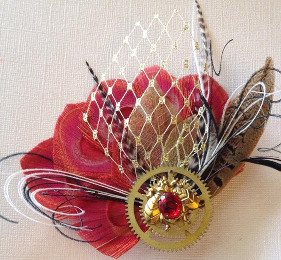 Свадьба - SALE Steampunk Bumblebee Red and Gold Peacock Feather Fascinator Clip OOAK