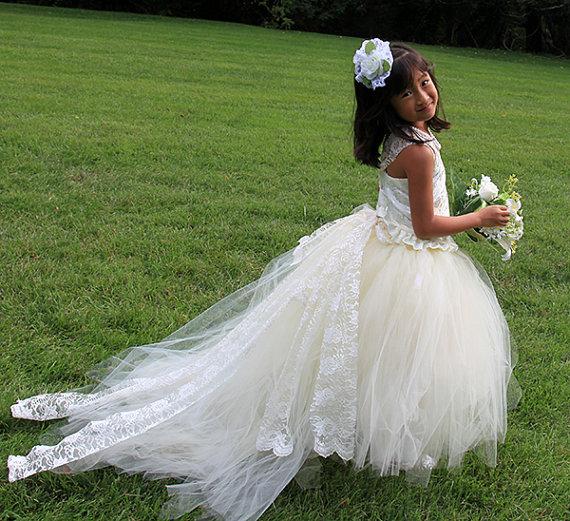 Mariage - Ivory Satin Corset Flower Girl Dress Tutu and Detachable Train;  Weddings, Pageants and Portraits