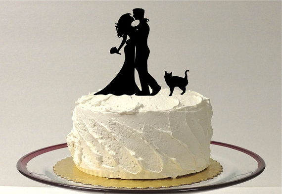 Wedding - Wedding Cake Topper Silhouette CAT + BRIDE & GROOM Silhouette With Pet Cat Family of 3 Hair Down Cake Topper Bride and Groom Cake Topper