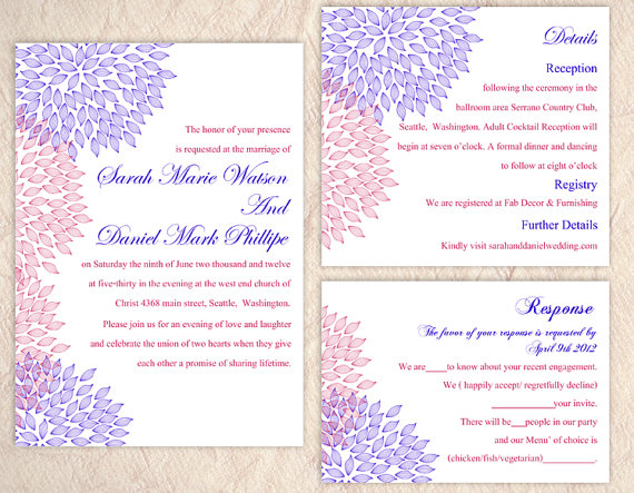 Mariage - DIY Wedding Invitation Template Set Editable Word File Instant Download Printable Purple Wedding Invitation Floral Invite Pink Invitation