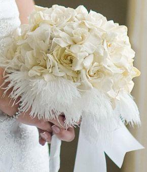 Wedding - Bouquet Of White Gardenias And Feathers
