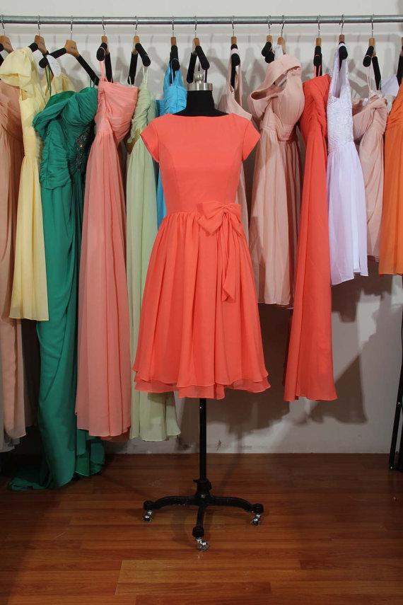 Mariage - Coral Cap Sleeves Bridesmaid Dress,  Knee Length Bridesmaid Dress With a Bow Tie and Button