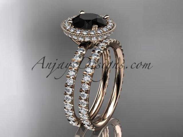 زفاف - 14kt rose gold diamond unique wedding ring, engagement set with a Black Diamond center stone ADER106S