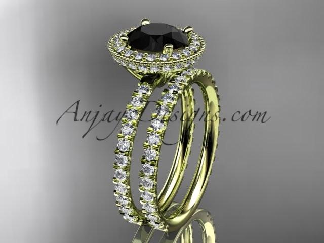 Wedding - 14kt yellow gold diamond unique wedding ring, engagement set with a Black Diamond center stone ADER106S