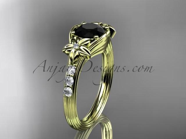 Hochzeit - Unique 14k yellow gold diamond leaf and vine, floral diamond engagement ring with a Black Diamond center stone ADLR333