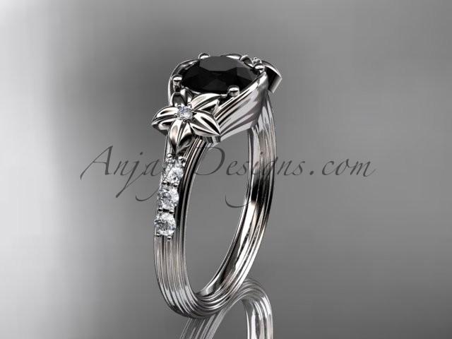 Wedding - Unique 14k white gold diamond leaf and vine, floral diamond engagement ring with a Black Diamond center stone ADLR333