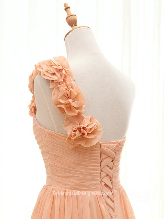 Hochzeit - Classical Peach Flower One Shoulder Long Chiffon Bridesmaid Dress