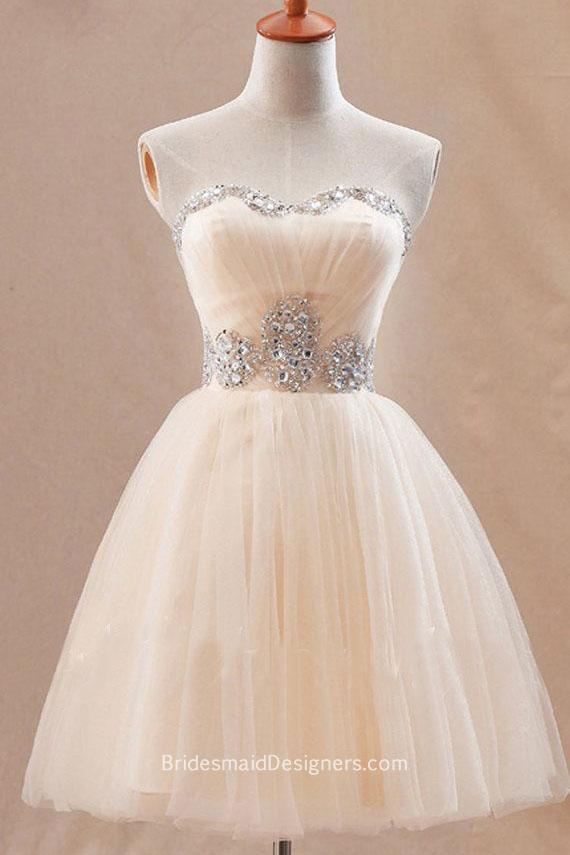 Hochzeit - Peach Strapless Sweetheart Beaded Short Ball Gown Tulle Bridesmaid Dress