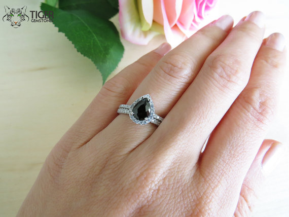 Wedding - 1.5 ctw Pear Cut, Halo Engagement Ring & Wedding Band, Man Made Black Diamond Simulants, Bridal Ring, Promise Ring, Sterling Silver,